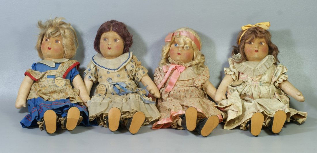 (4) Cloth "Little Women" dolls by Madame Alexan: (4) Cloth "Little Women" dolls by Madame Alexander with original costumes, 16" tall, all with hand-painted features and mohair wig, each with brown side-glancing eyes with defined upper lashes, eye sh