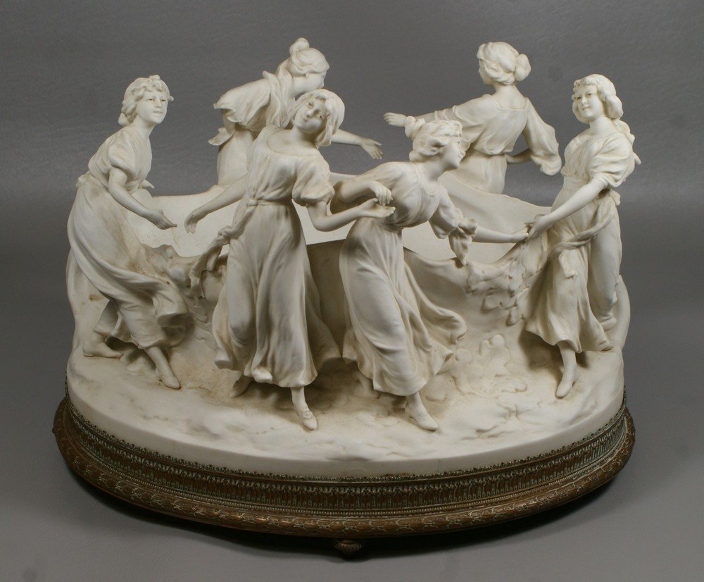 French parian center bowl, surrounded by 6 maidens, 6 t: French parian center bowl, surrounded by 6 maidens, 6 thumbs/finger missing, one head needs to be reglued, black mark to base, fitted to a pierced gilt bronze base, 9" h, 13" long
