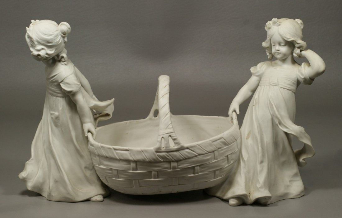 Parian porcelain planter flanked by young girls, marked: Parian porcelain planter flanked by young girls, marked with the letter R in blue with 1762 underneath, 16" w, 10" h, mark similar to von Rotberg and Schulz & Co, 2nd 1/2 18th c