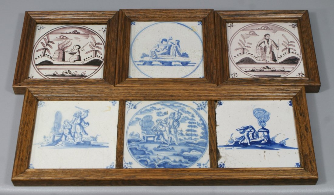 (6) Delft tiles depicting various Judaica topics, (3) S: (6) Delft tiles depicting various Judaica topics, (3) Sacrifice of Isaac, Burning Bush, Golden calf Worship, Moses & 10 commandments, all about 5" square, all 18th c or earlier