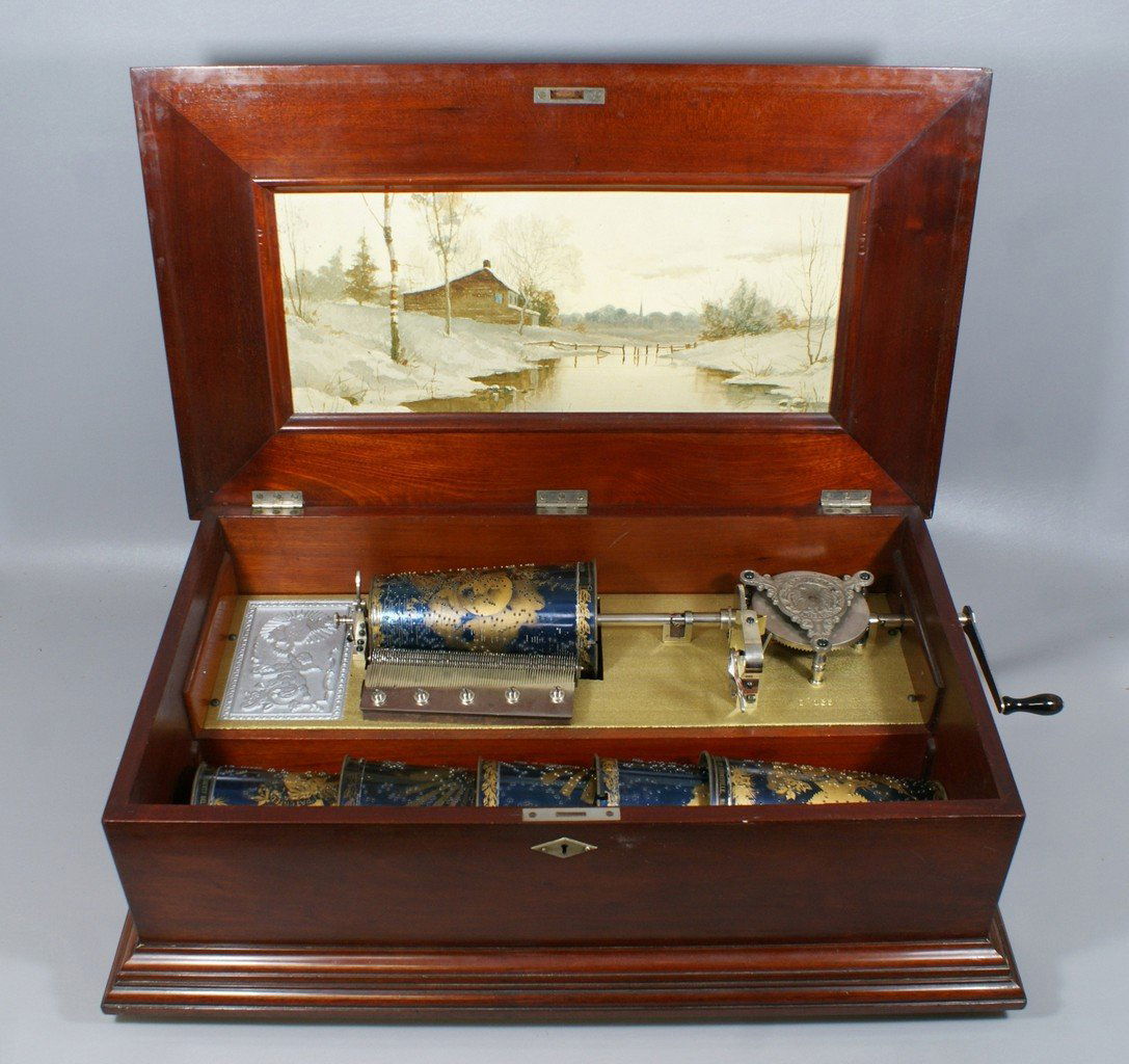 Mahogany Style "C" Capital "cuff" style music box, sing