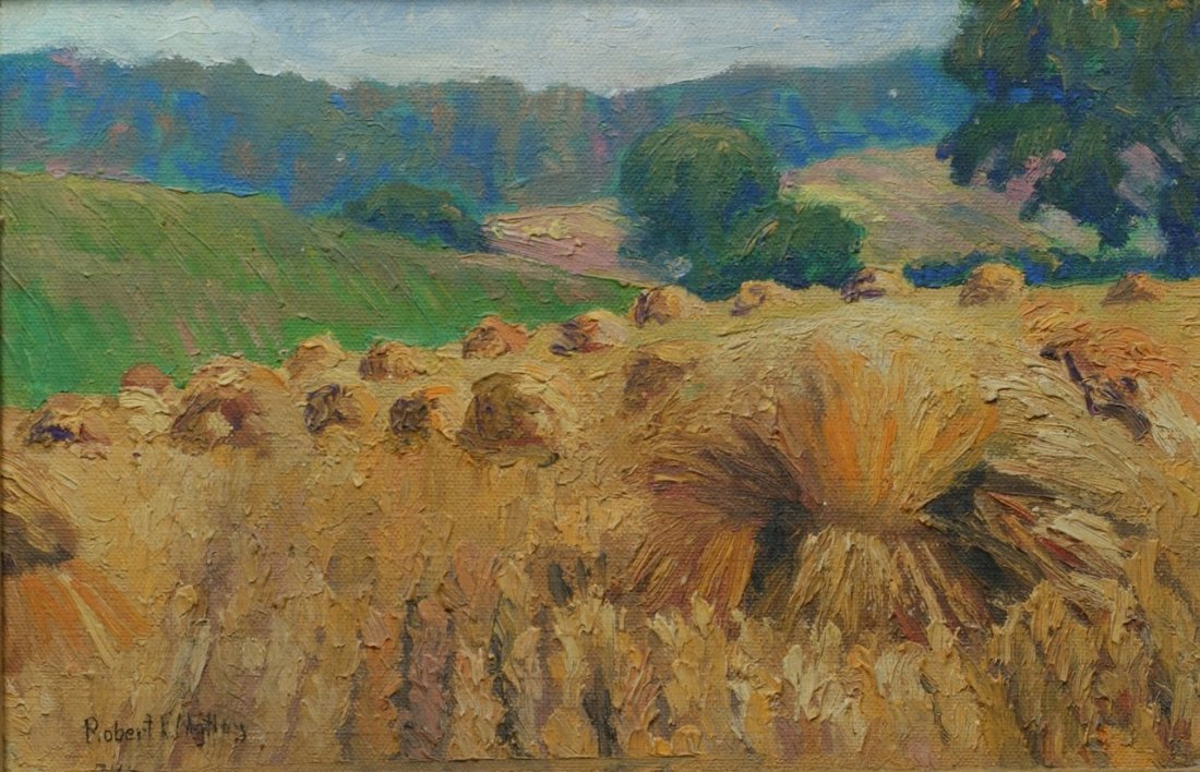 Robert Motley, American, 1887-1962, o/masonite, Haystac: Robert Motley, American, 1887-1962, o/masonite, Haystacks, 8" x 12", signed lower left
