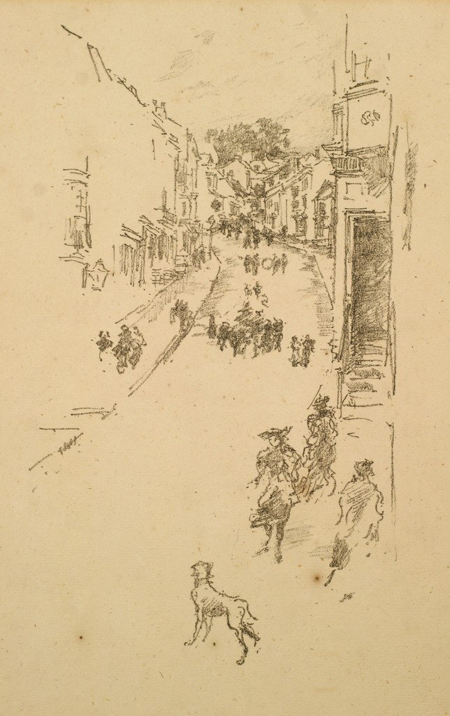 James McNeill Whistler, American, 1834-1903, black and : James McNeill Whistler, American, 1834-1903, black and white lithograph, "Sunday, Lyme Regis", on laid paper, coat of arms watermark, round stamp of Miss Rosalind Birnie Philip verso, sheet size 12 5/