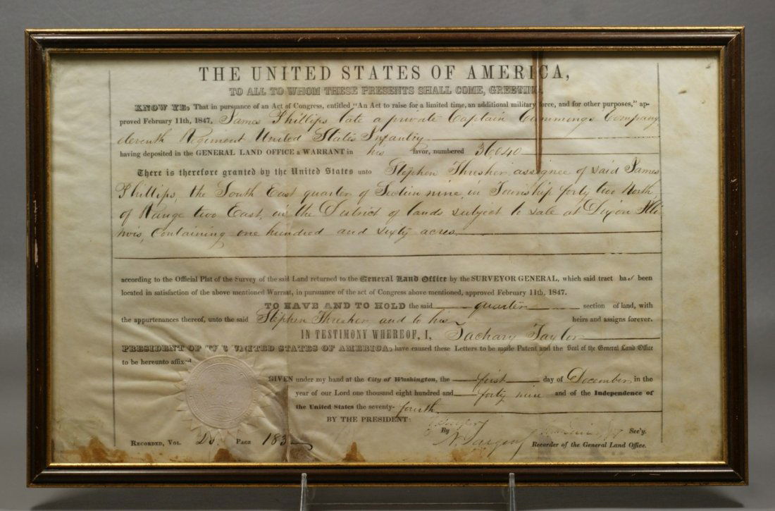 Zachary Taylor, President of the United States, Documen: Zachary Taylor, President of the United States, Partly printed Document signed on vellum, 1p, 10"x16", Washington, DC, Dec 1, 1849. Land grant to Stephen Thresher, assignee of James Phillips, of Dixon