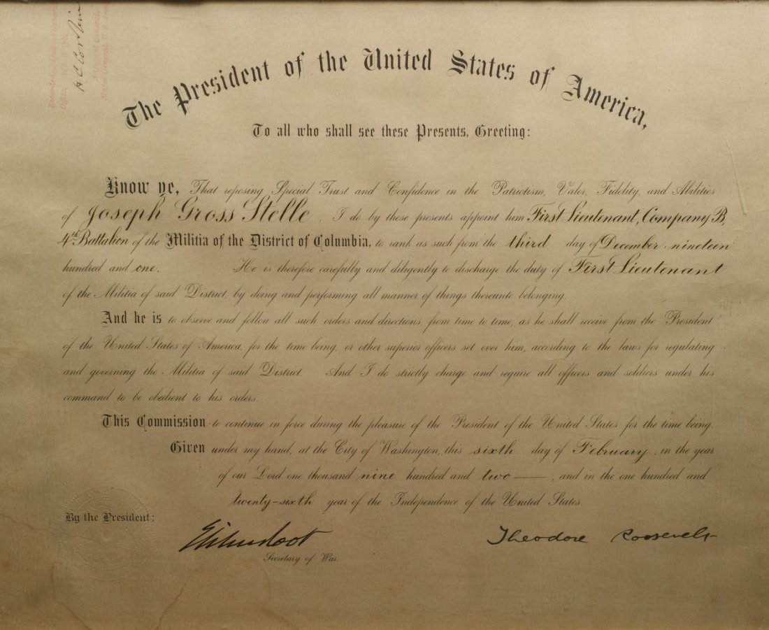 Theodore Roosevelt, President of the United States, sig: Theodore Roosevelt, President of the United States, signed document, Officer's Commission of Joseph Gross Stelle, 1st Lt of District of Colombia Militia, dated Dec 3, 1901, minor staining lower left c