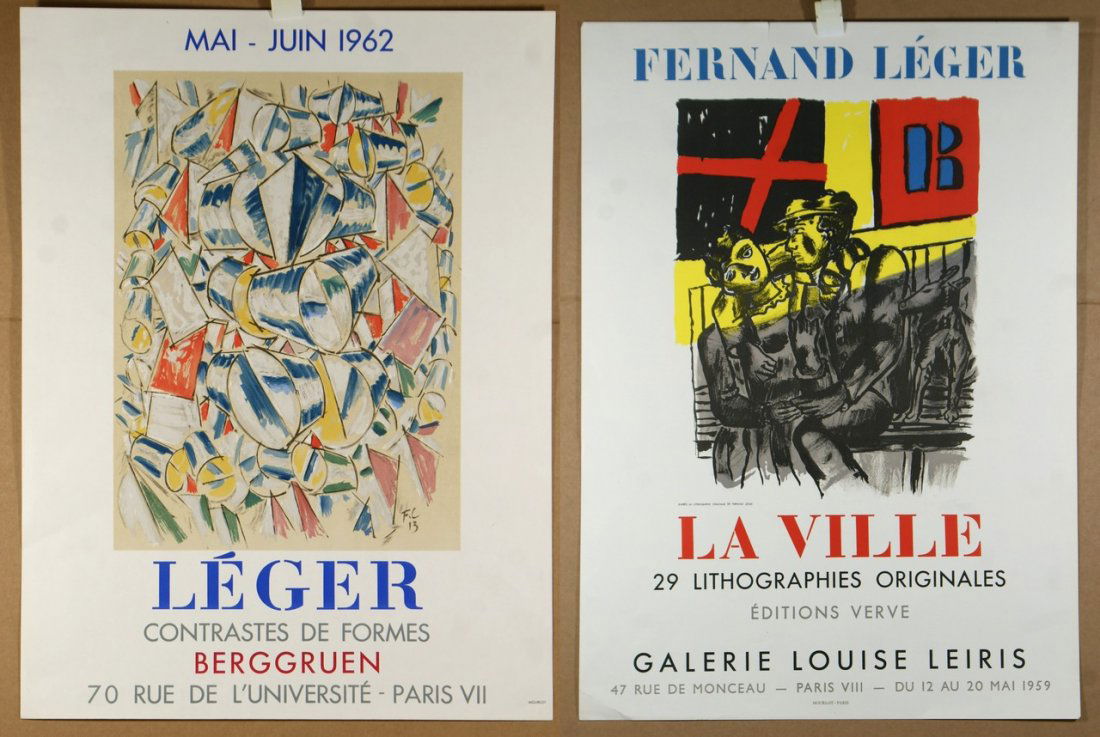 (2) Fernand Leger, exhibition posters, "La Ville", Gale: (2) Fernand Leger, exhibition posters, "La Ville", Galerie Louise Leiris, 1959, lithograph by Mourlot, Ed 1500, 26" x 19 1/2", Contraste des Formes", lithograph by Mourlot, 1962, 23 1/2" x 18", unfram