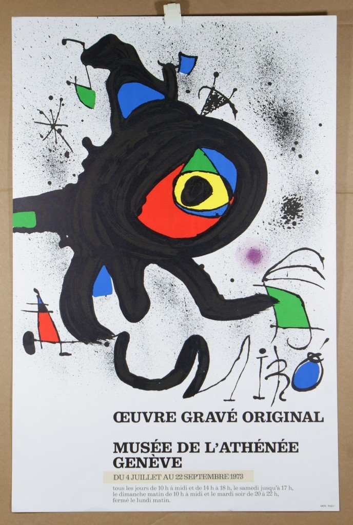 Joan Miro, Spanish, 1893-1983, Lithograph Poster, Oeuv: Joan Miro, Spanish, 1893-1983, Lithograph Poster, Oeuvre Grave Original, Musee de L'Athenee Geneve, 1973, Mourlot 912, Ed 3000, 29 3/4" x 19 1/2", unframed