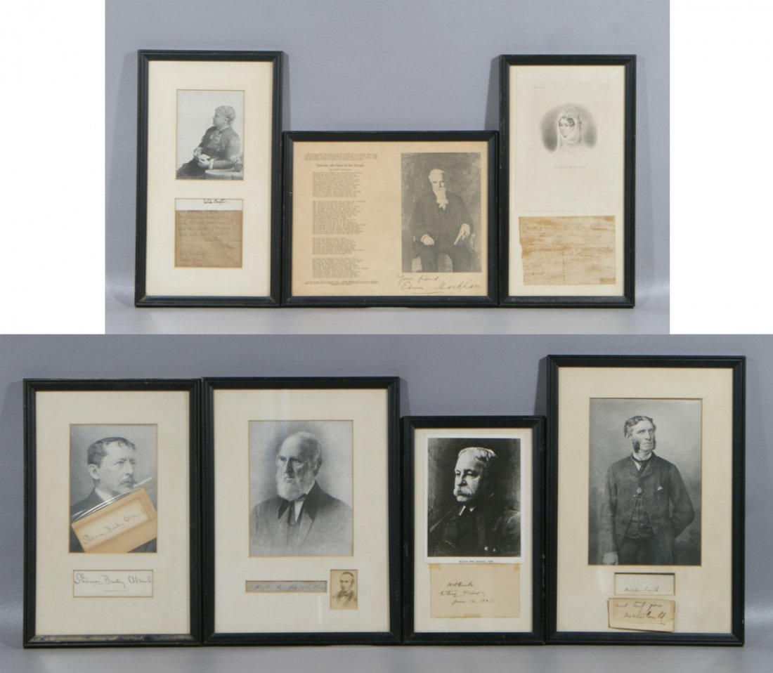 (7) signatures, Harriet Beecher Stowe, partial signed n: (7) signatures, Harriet Beecher Stowe, partial signed note, dated 1876, along with Celia Thaxter, Author, signed noted, and Edwin Markham, poet, signed photo and poem, Matthew Ronald (?), clipped sign