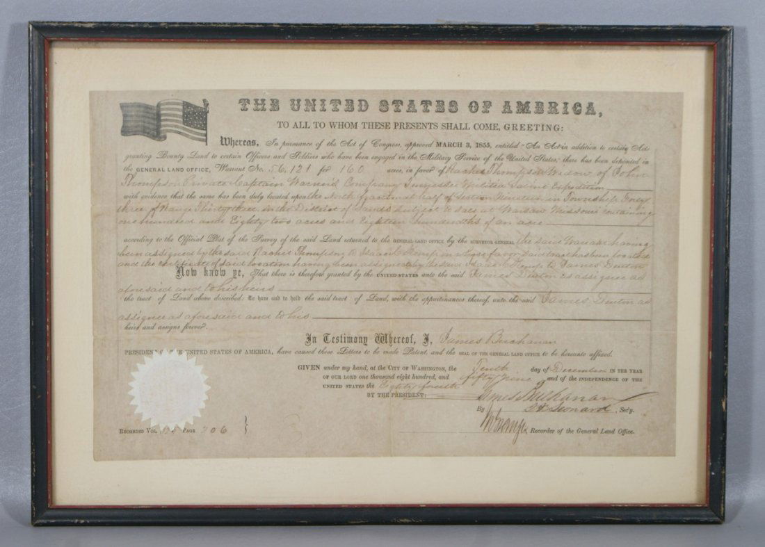 President James Buchanan, Bounty Land Grant for militar: President James Buchanan, Bounty Land Grant for military service, 160 acres to Rachel Thompson, Widow of John Thompson, Private, Captain Warner's Company Tennessee Militia Sabine Expedition…Dec 10,