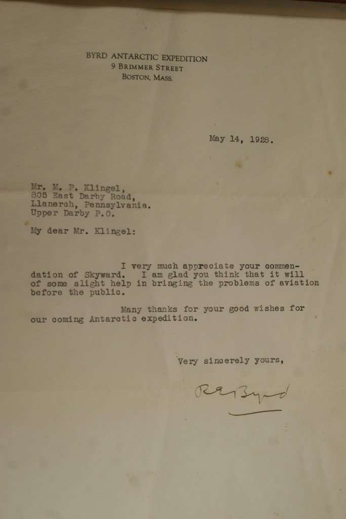 Robert E Byrd, Antarctic Explorer, TLS, dated 1928, a n: Robert E Byrd, Antarctic Explorer, TLS, dated 1928, a note of thanks to an admirer, some stains down the left side