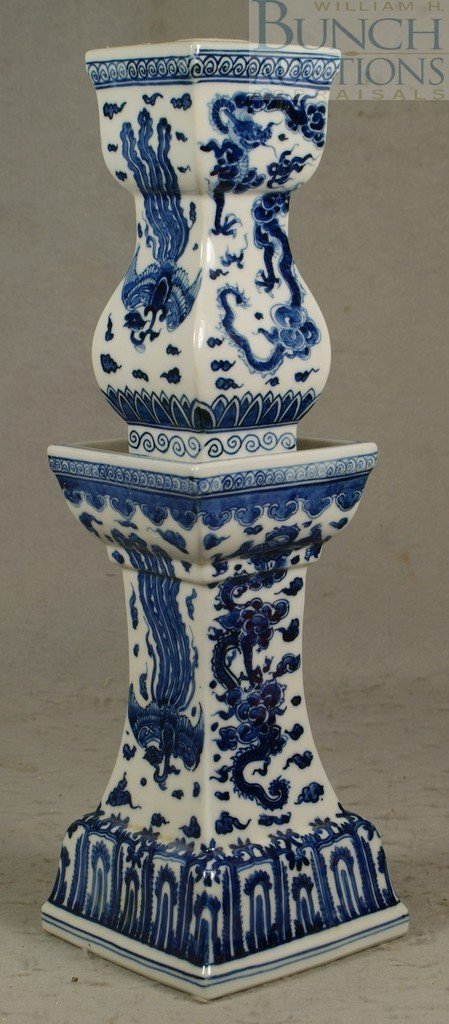 Chinese porcelain blue and white 2 part candlestick, ps: Chinese porcelain blue and white 2 part candlestick, pseudo reign mark, 20th c, 15 3/8" tall, minor glaze missing (possibly in the making) on upper rim, no cracks or repairs