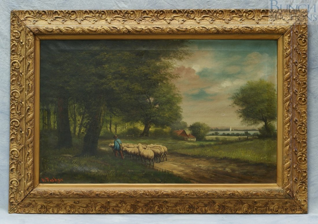 H Fisher, English/Continental, 19th c, Shepherd with Fl: H Fisher, English/Continental, 19th c, Shepherd with Flock, 22" x 36", canvas with one small repair and one small tear