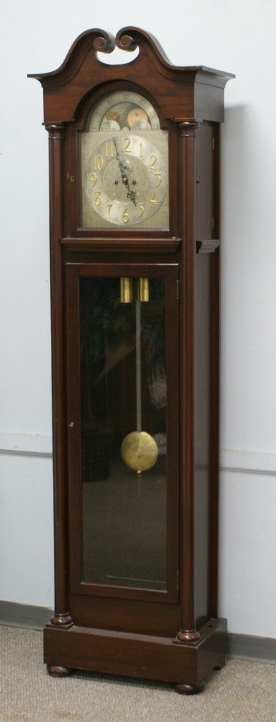 Mahogany Colonial Revival tall case clock, German 2 we: Mahogany Colonial Revival tall case clock, German 2 weight time and strike movement, moon dial, dated 1917, 91" tall