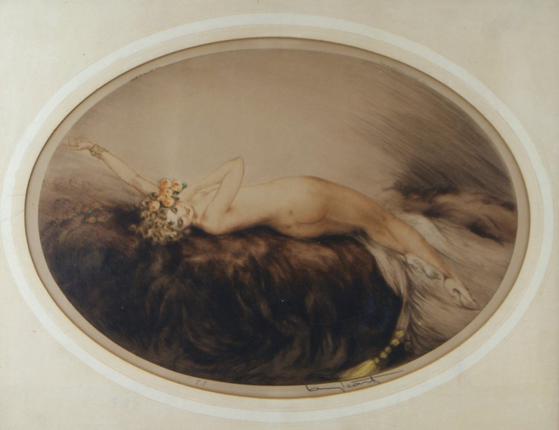 Louis Icart, French, colored etching, Venus, 1928, 13 1: Louis Icart, French, colored etching, Venus, 1928, 13 1/2" x 19" image size, evenly browned, laid down in a mat sandwich
