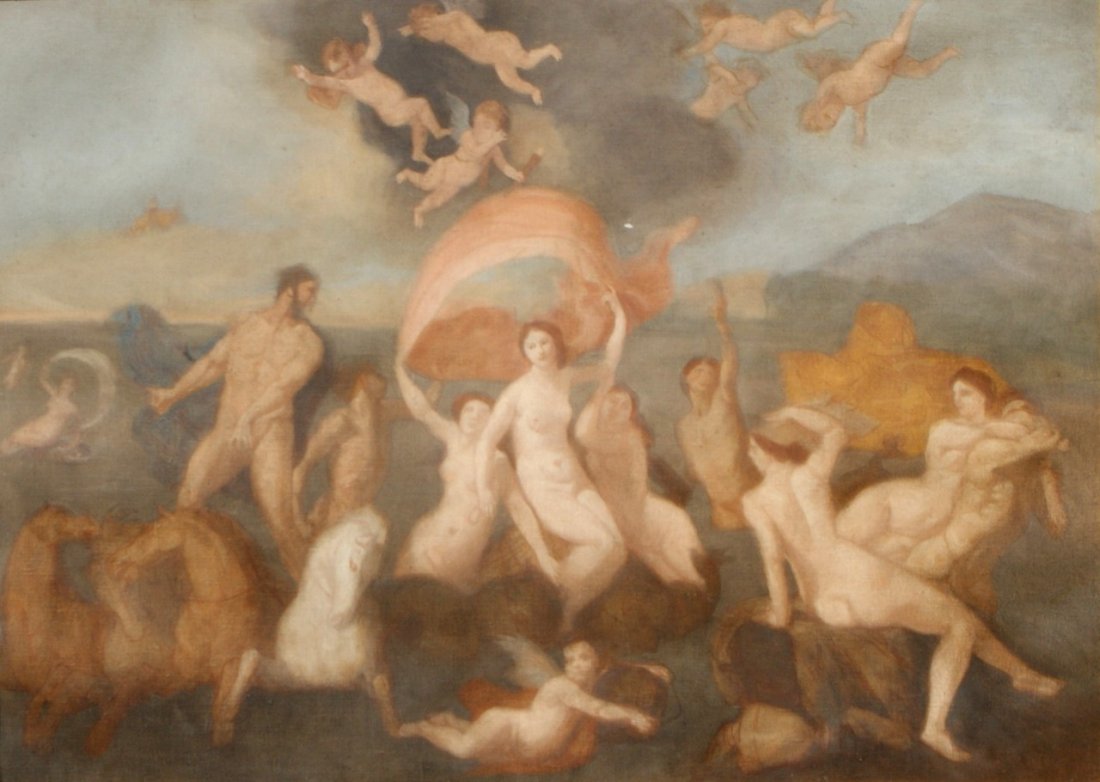 Continental School, 19th/20th c, Diana and her Nymphs w: Continental School, 19th/20th c, Diana and her Nymphs with 2 Fauns and Team of 3 Horses, unsigned, 37" x 49", nice gilt frame