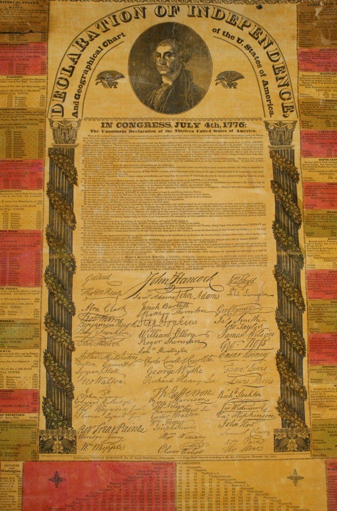 Rare "Declaration of Independence and Geographical Char: Rare "Declaration of Independence and Geographical Chart of the U. States of America" Broadside printed by C.A. Elliott, Philadelphia, PA. Published by Thomas Morrison, Philadelphia, Copyright Dec. 8t