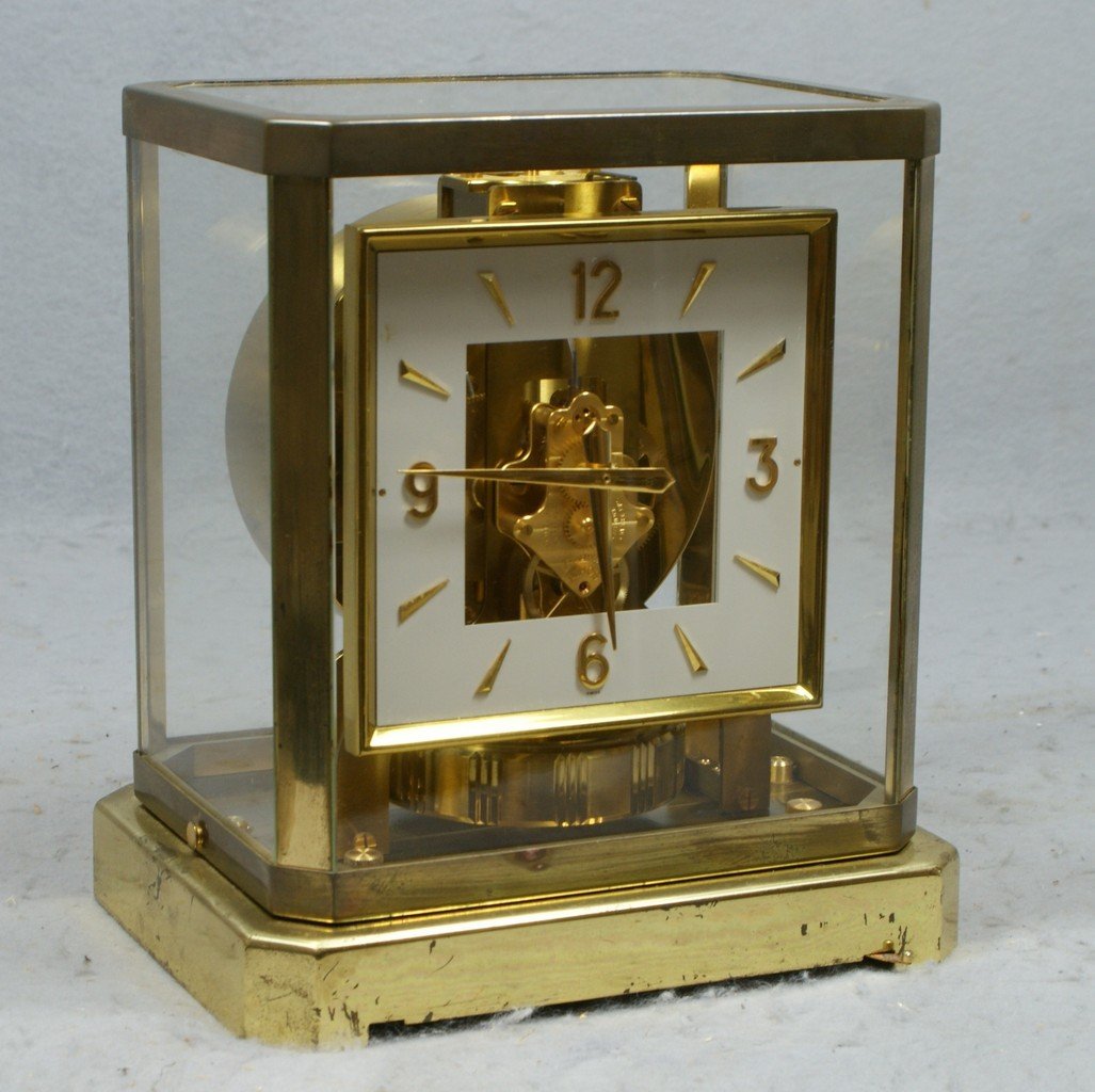 Jaeger Le Coultre Atmos mantle clock, square dial, enti: Jaeger Le Coultre Atmos mantle clock, square dial, entire case rises off movement, SN 143514, early 1960's, 15j, VXN