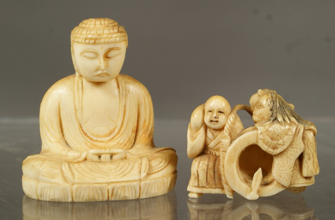 2 carved ivory netsuke, Buddha, Sea creature and sailor: 2 carved ivory netsuke, Buddha, Sea creature and sailor, tallest 2", each signed. All items containing ivory or any other material from endangered species are sold subject to all applicable Federal an