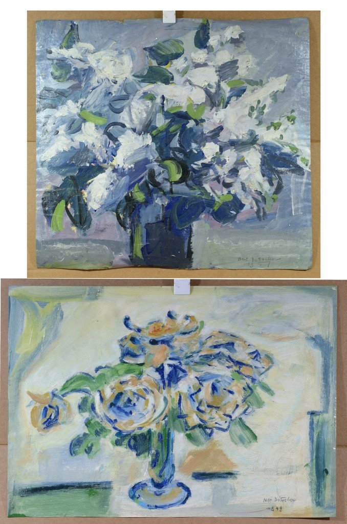 Otto Ditscher, German, German-American, 1903-1987, (2) : Otto Ditscher, German, German-American, 1903-1987, (2) o/c, Floral Still Life14 1/2" x 20 1/2", 1949, , 20" x 22", 1957, both unframed, 12" x 16", signed, titled, and dated 1945 lower right