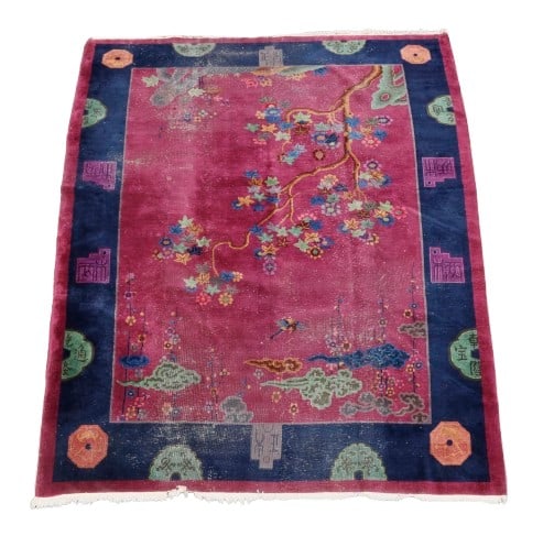 8'11" x 11'5" Chinese Art Deco Pictorial Rug: 8'11" x 11'5" Chinese Art Deco Pictorial Rug, raspberry and navy with tree and cloud scene in patterned surround.