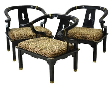 (3) Century Asian style ebonized open armchairs