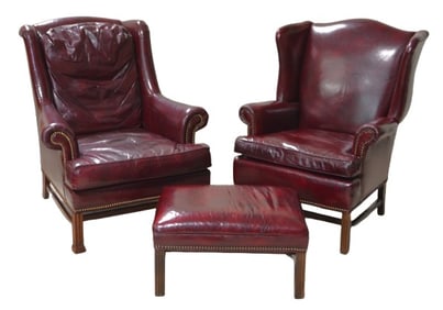 (3) pc Hickory Chair Co Chippendale style leather seating set