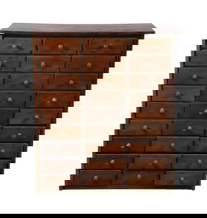 Antique 27 drawer apothecary cabinet: Antique 27 drawer apothecary cabinet, softwood, w/tin drawers, and back, replaced drawer pulls, beautiful rustic patina, 40 1/2"H x 35 1/4"W x 16"D