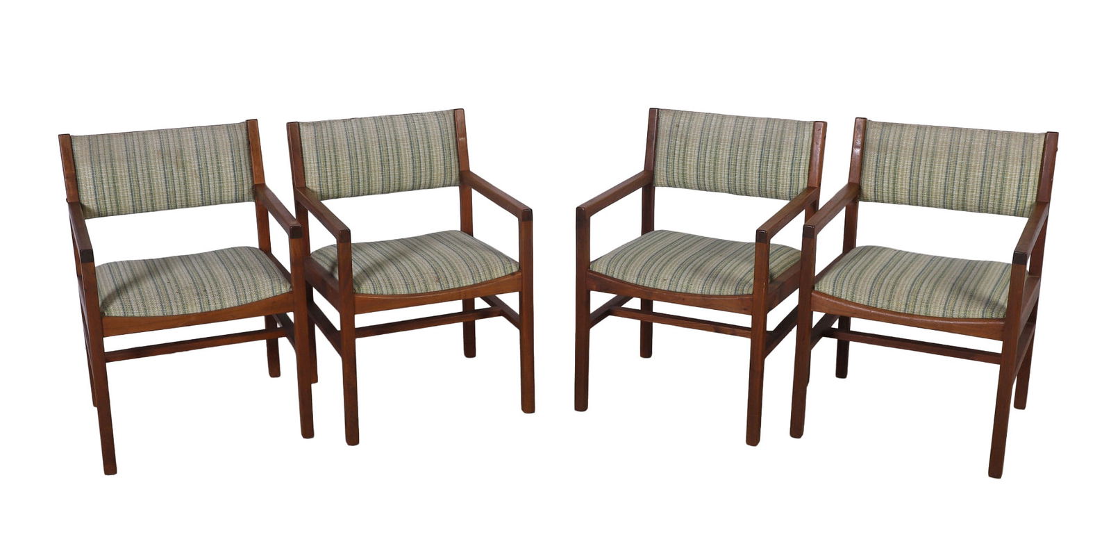 Set (4) Christian Hvidt style armchairs: Set (4) Christian Hvidt style armchairs, overall good condition, minor scratching from use and age, worn upholstery, two back rail wood caps missing on one chair, 32"H x 22"W x 21"D