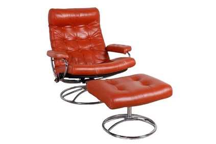 Norwegian Modern leather & chrome chair and ottoman