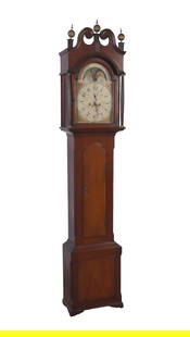 New Jersey Federal Cherry Tall Case Clock: New Jersey Federal Cherry Tall Case Clock, an 8-day brass striking movement coupled to an American painted iron dial with lunar phases, seconds bit and calendar, the dial signed at back, "Nolen Manufa