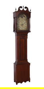 Kentucky-Ohio Cherry Tall Case Clock c. 1820: Kentucky-Ohio Cherry Tall Case Clock c. 1820, 8-day brass striking movement with American painted iron dial, lunar phase, seconds bit and calendar, a sailship scene in the moon dial depicted flying an