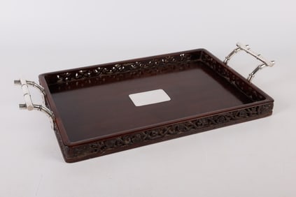 Chinese Export Pierced Rosewood Silver Handle Tray
