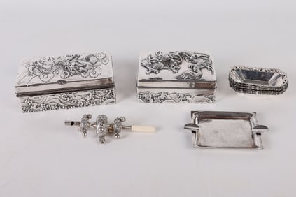 Chinese Export Silver Boxes, Dishes, Tray & Rattle