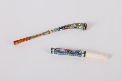 (2) Russian Silver Shaded Enamel Cigarette Holders