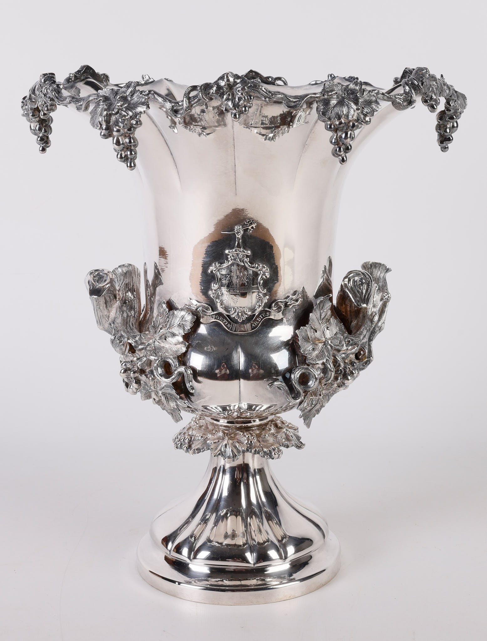 19th C Bradbury and Son Silverplated Armorial Wine Cooler: 19th C Bradbury and Son Silverplated Armorial Wine Cooler, faux bois, leaf and grape cluster handles at sides, the shaped rim draped in grape cluster, leaf and branch decoration, an applied crest at c