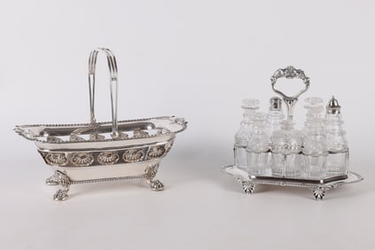 English Silverplated Seashell Basket and Cruet Stand