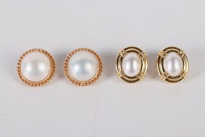 (2) Pairs Yellow Gold Pearl Ear Clips