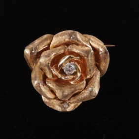 14K Yellow Gold Diamond Set Rose Brooch
