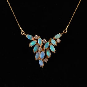 18K Diamond and Opal Fixed Pendant Necklace