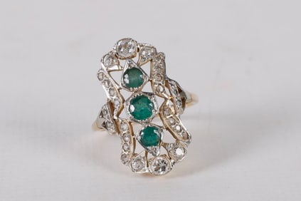 14K Diamond and Emerald Filigree Dinner Ring