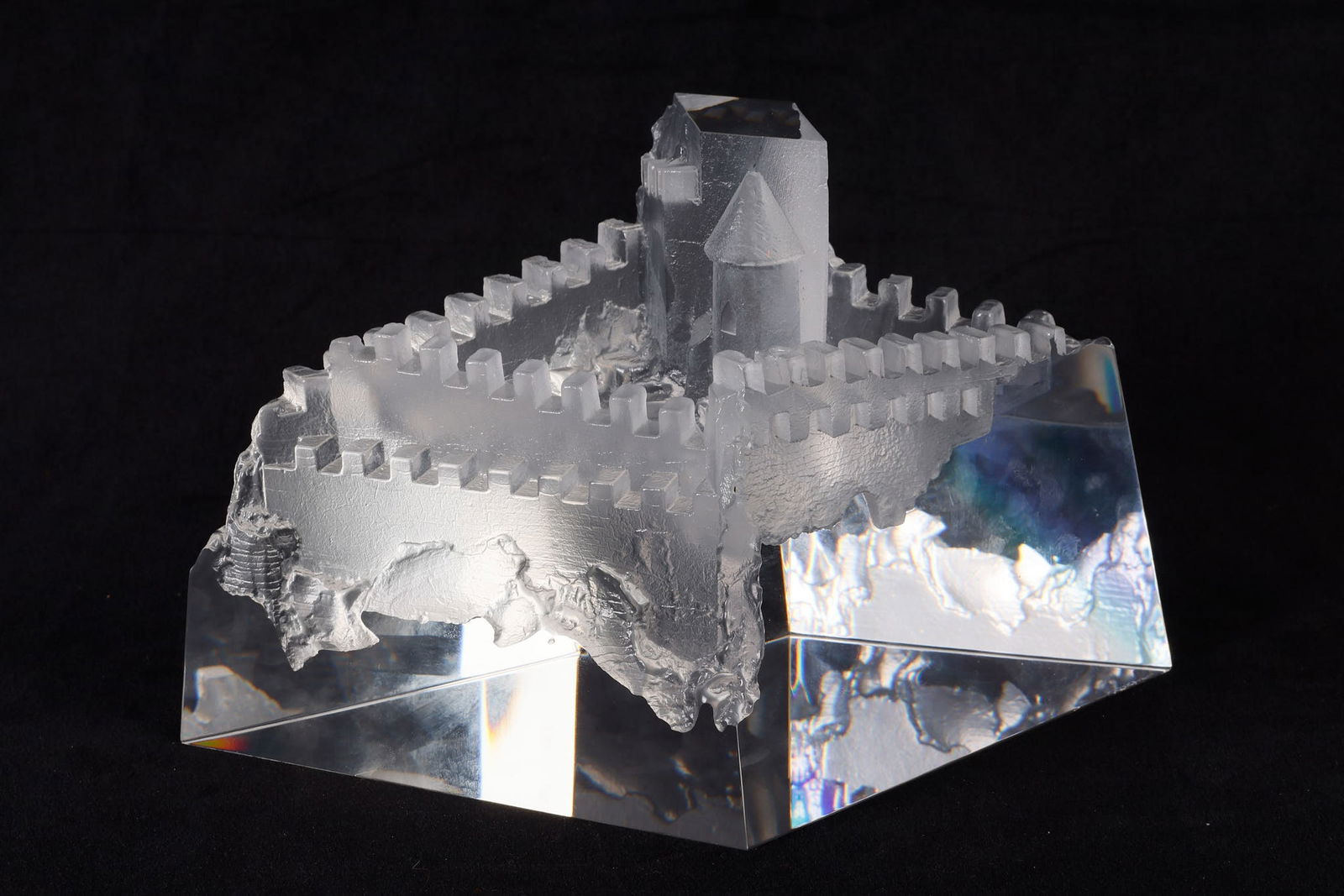 Steuben 'Castle of Dreams' Sculpture: Steuben 'Castle of Dreams' Sculpture, designed by David Dowler, 10"L x 4 3/4"D x 5 7/8"H, signed Steuben at underside, no chips, cracks, flakes, or damages, very good condition