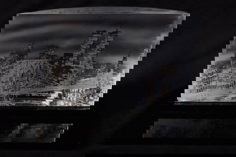 Steuben 'City Lights in Manhattan' Sculpture: Steuben 'City Lights in Manhattan' Sculpture, Designed by David Dowler & Robert Cassetti, 1995, curved crystal etched on both sides depicting iconic images of the Brooklyn bridge and the Twin Towers,
