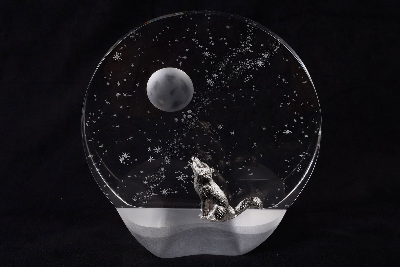 James Houston for Steuben, 'Wilderness Serenade': James Houston for Steuben, 'Wilderness Serenade' sculpture, signed 'Steuben Houston 12 25 95', 7 1/4"H x 7 1/4"W x 2 1/2"D, sterling wolf adhered to crystal sculpture, excellent condition, scratches t
