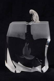 Steuben 'Ice Penguin' Sculpture: Steuben 'Ice Penguin' Sculpture, designed by James Houston, signed Steuben at underside, frosted and clear crystal, a sterling silver penguin depicted looking down into a water filled channel, 6 5/8"H