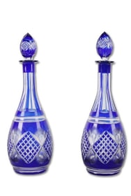 Cobalt Cut to Clear Bohemian Decanter Pair