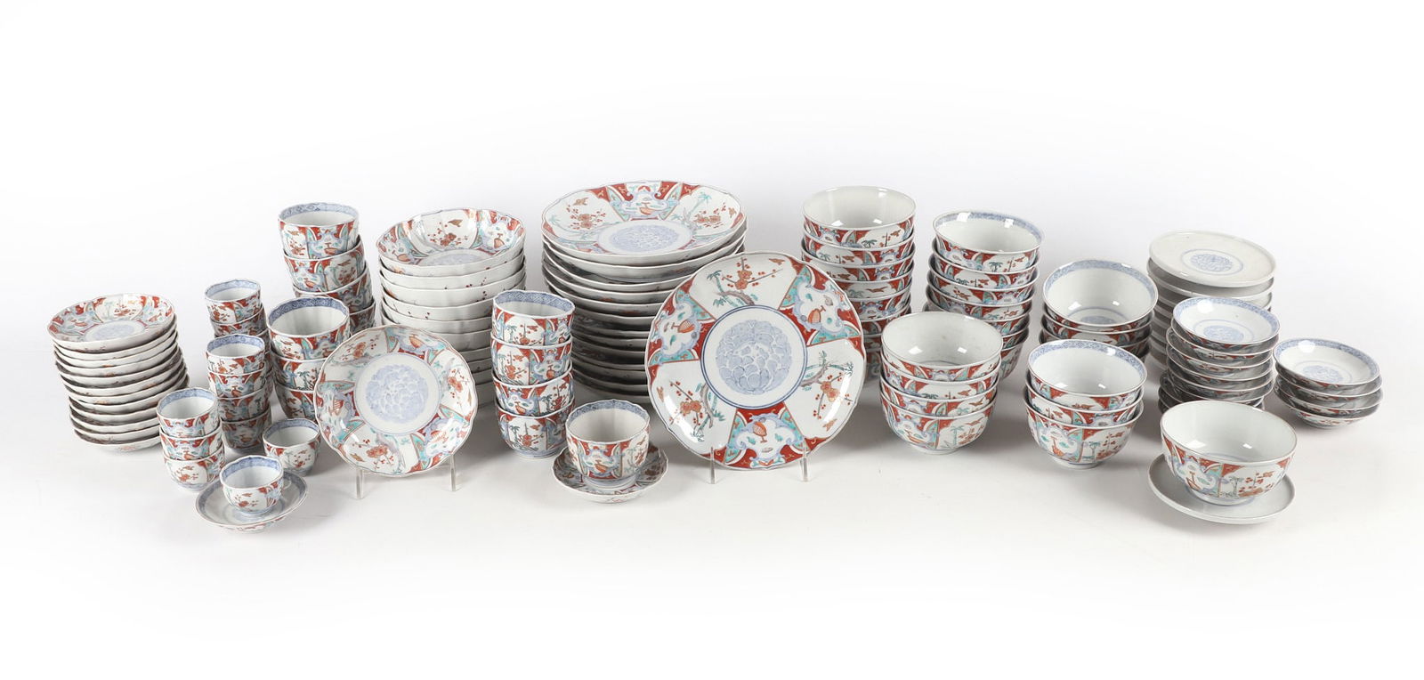 (102) Pieces Japanese Imari Dinnerware: (102) Pieces Japanese Imari Dinnerware to include (14) lobed plates, 8 7/8" dia, (13) bowls, 4 5/8" dia, (11) lobed bowls, 6 1/8" dia, (14) bowls, 4 3/4" dia, (13) handleless cups, (13) saucers, (14)