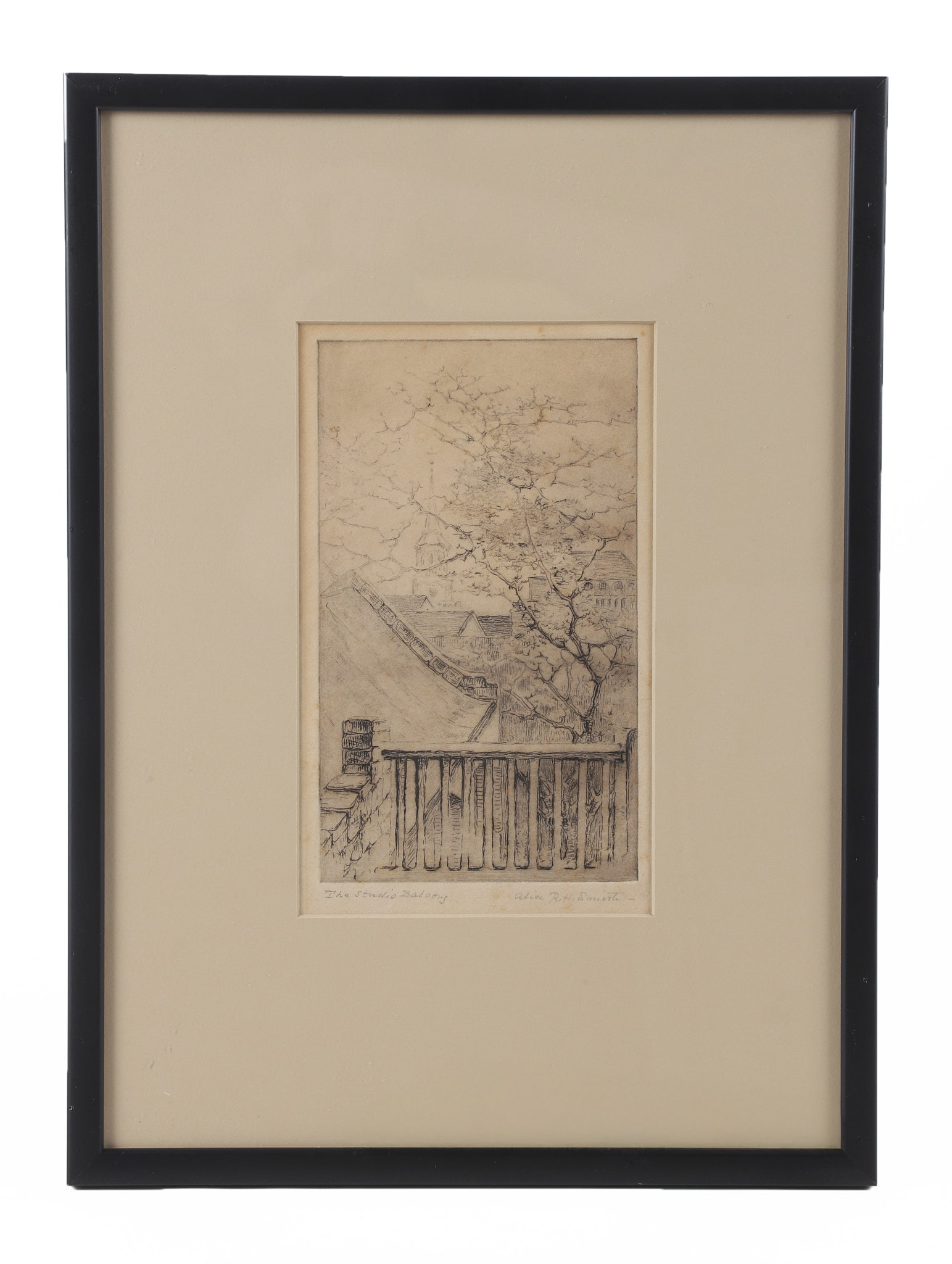 Alice Ravenel Huger Smith "The Studio Balcony": Alice Ravenel Huger Smith (American 1876-1958 SC artist) leading member of the Charleston Renaissance, "The Studio Balcony", the artist once stated that it was the first etching she ever attempted in