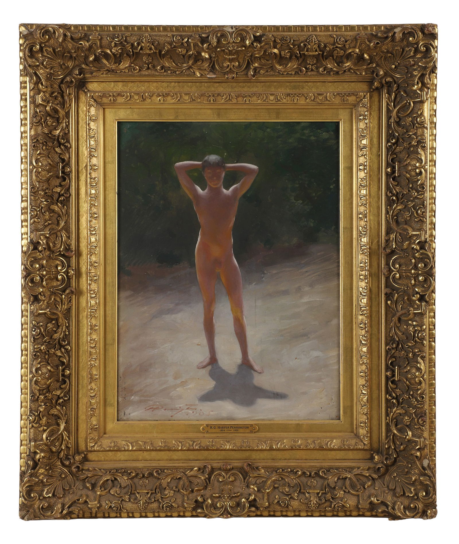 Robert G Harper Pennington "Study for Male Nude": Robert G Harper (American 1854-1920) "Study for Male Nude", oil on wood panel, housed in gilt frame, signed A. Pennington 1905, 16" x 11 3/4", framed 25 1/2" x 21 1/2", good condition, gesso damages o