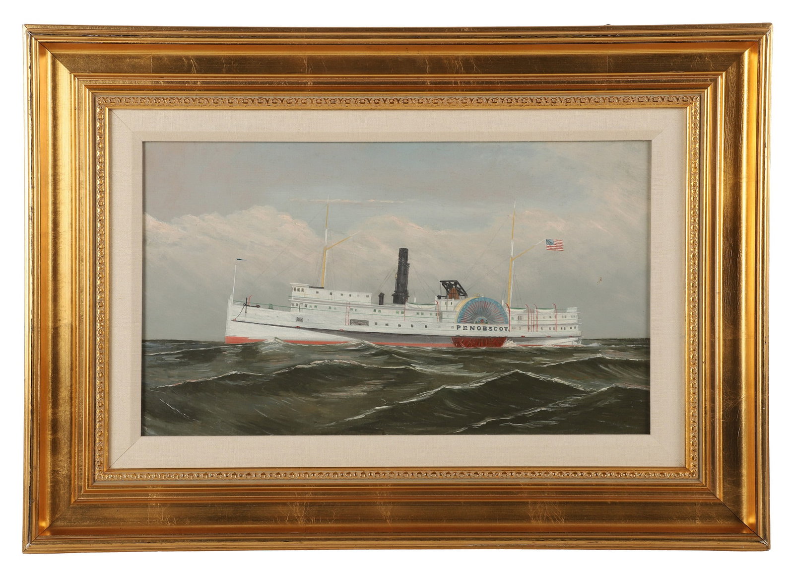19th C American School "Steamboat Penobscot": 19th C American School "Steamboat Penobscot" depicting the historic steamboat at sea, oil on canvas, unsigned, label on stretcher from Frost and Adams of Boston, 12" x 20", framed 19 3/4", very good c