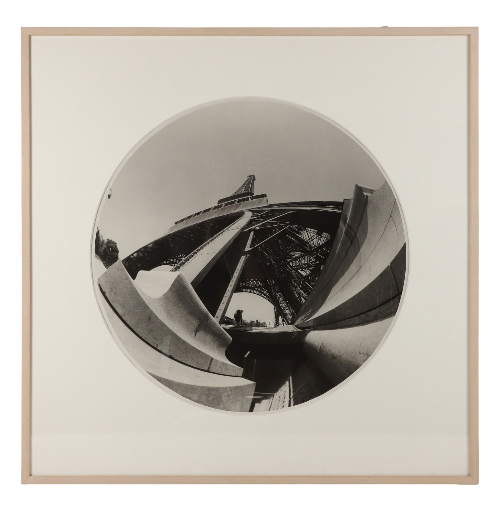 Ernestine Ruben "Eiffel Tower": Ernestine Ruben (American b 1931) "Eiffel Tower", circular fisheye gelatin silver print, housed in custom gallery framing, 26" diameter image, framed 38" x 38", excellent condition